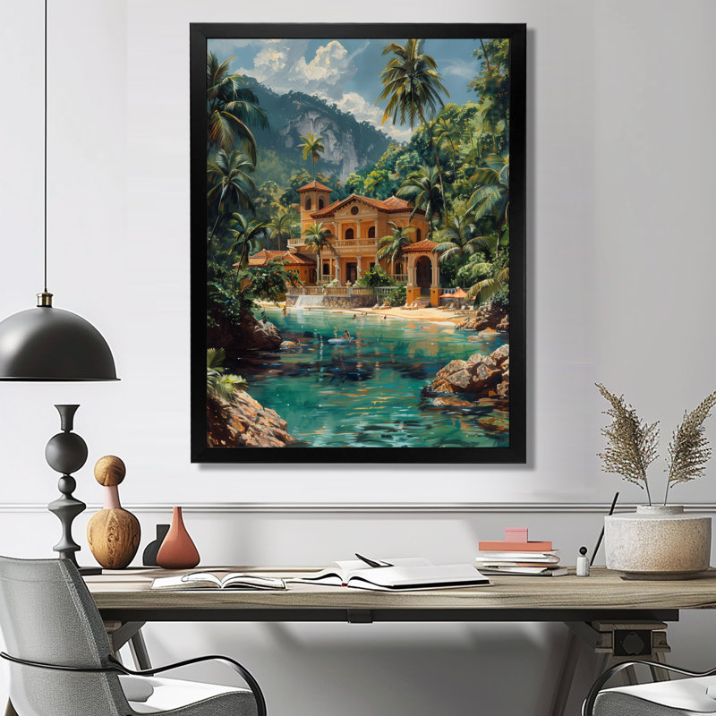 «Blue Green Tropical Paradise Hotel», reproduction d'art mural, Cadre simple noir, H 30 po x l 40 po