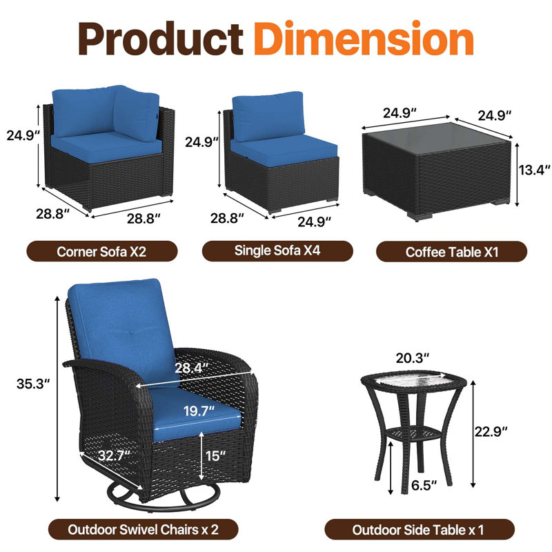 Ensemble de canapés d'extérieur en osier 10 pièces avec chaises berçantes pivotantes, Navy, Black