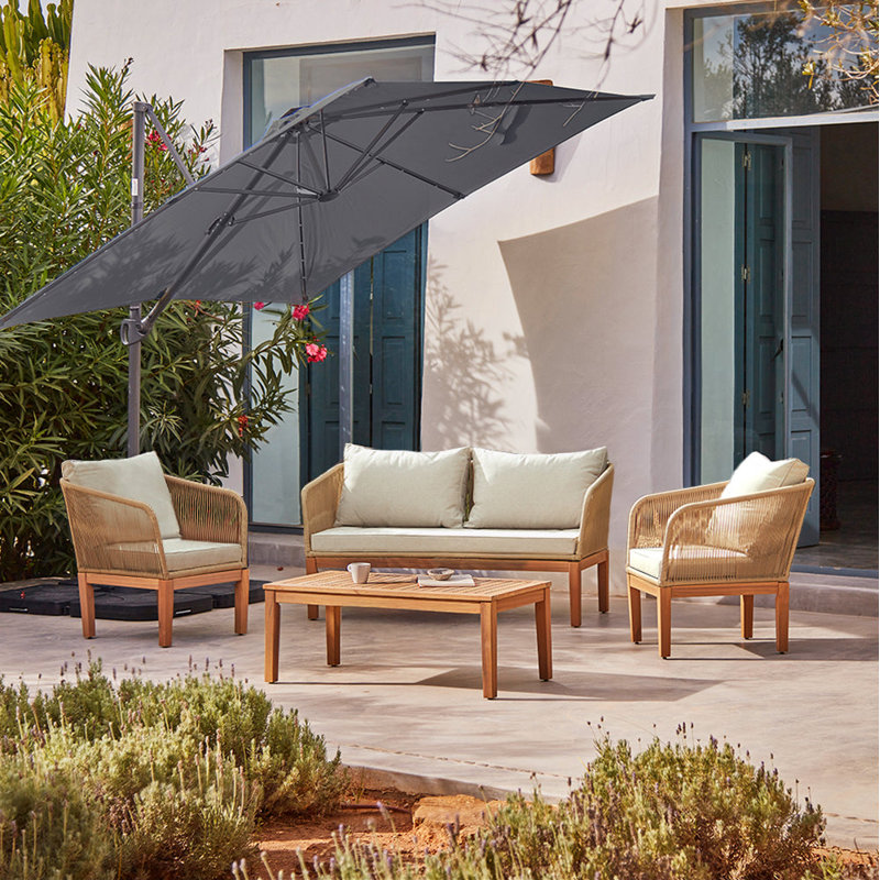 Alzamora Rope Garden Conversation Set with LED Premium Cantilever Parasol, Natural, Grey