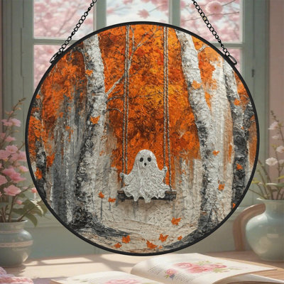 Ghost Swings in Autumn Woods Stained Glass Panels Suncatcher for Window Decor