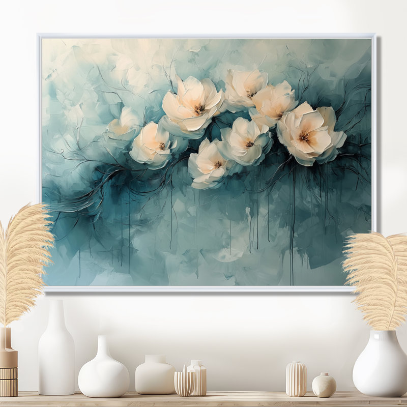 Hiver bleu aquarelle pivoines élégance II - pivoines, art mural, H 24 po x l 32 po, Natural Floater Framed