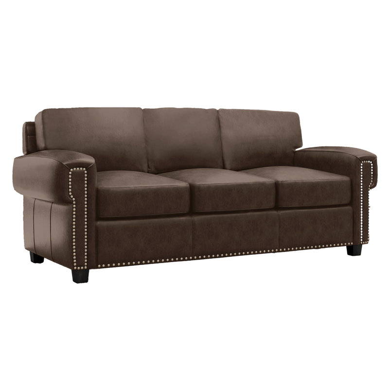  Fardin 87" Genuine Leather Square Arm Sofa, Brown Genuine Leather