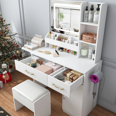Makeup Dressing Table With Led Mirror, Charging Station, 3 Drawers, 7 Shelves And Stool - White, Adjustable Lighting, Modern Decor Storage Brightness, Look