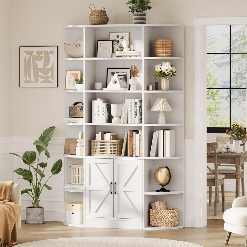 75" Tall 6-Tier Wooden Bookshelf with Storage Cabinet and Doors - Wide Organizer, White