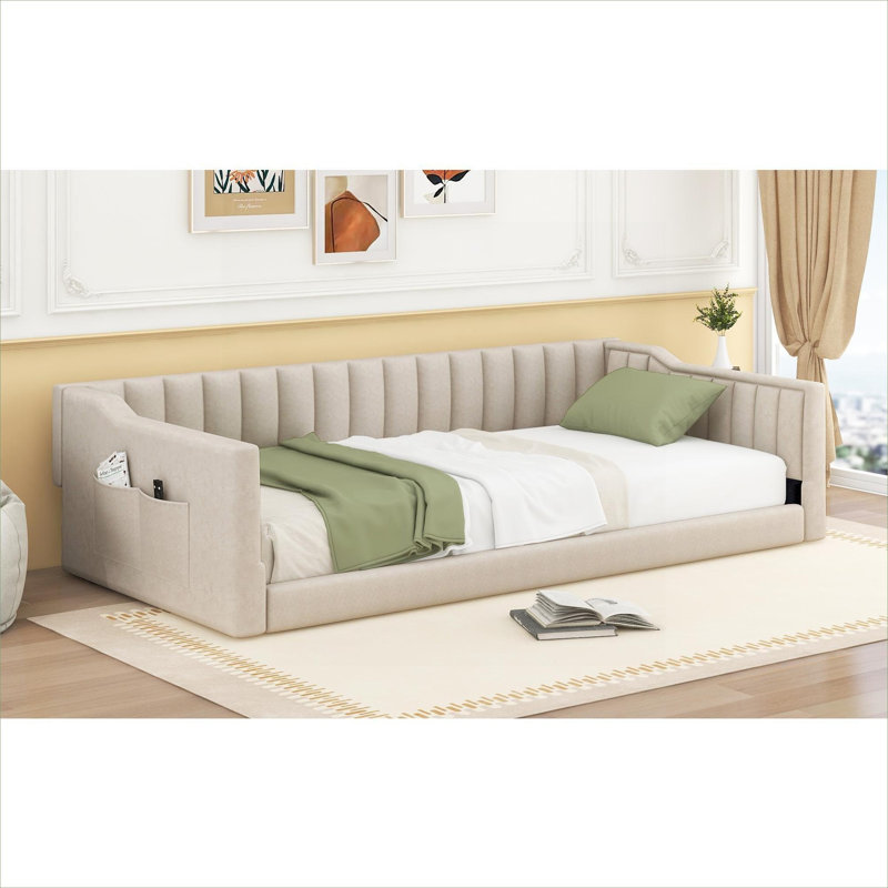 Lit de jour simple tapissier simple TG, canapé-lit en velours beige à double usage pour chambres d'amis et petits espaces de vie