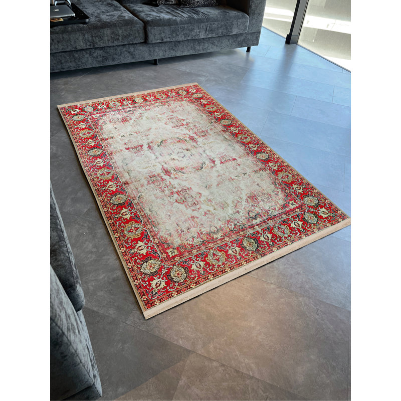 Tapis rouge / beige à motif de motifs abstraits, Tapis de couloir 3 pi 9,81 po x 9 pi 10,11 po