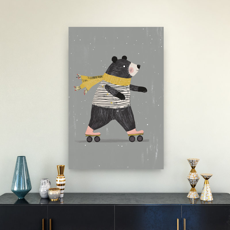 Whimsical Roller Skating Bear Playful Whimsical Abstract Bear Winter Landscape Wall Art Print 1 Piece Wrapped Canvas Wall Art