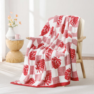 Red Strawberry Throw Blanket Reversible Soft Feather Yarn Blanket Reversible Throw for Gift