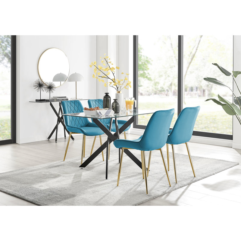 Lenworth Modern Metal and Glass Dining Table Set with 4 Velvet Upholstered Dining Chairs, Blue/Gold