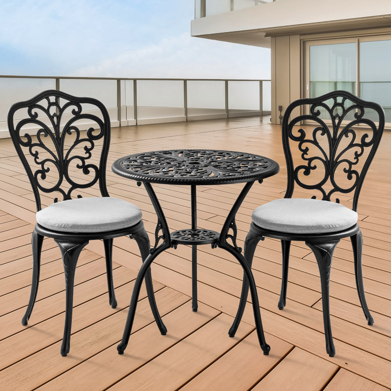 Outdoor  Cast Aluminum Bistro Table and Chairs Set of 2 with Cushion  for Garden,Black