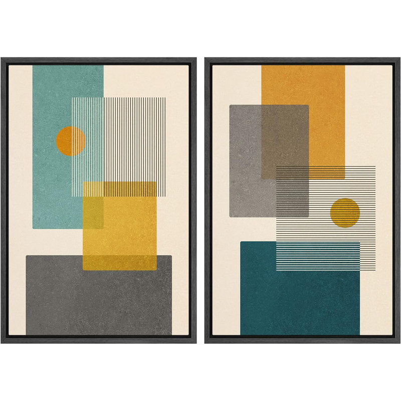 Abstract Vibrant Color Blocks " Mid-Century Green And Yellow Polygon Collage Abstract Shapes Modern " 2 - Pieces, Black