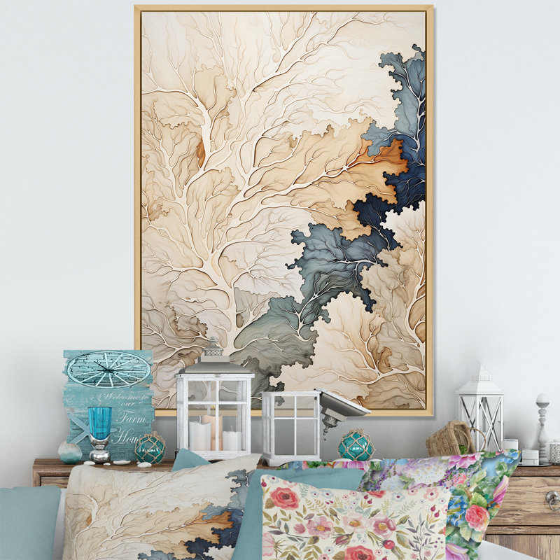 Arbre bleu et beige, tilleul américain - impressions d'art mural, Cadre naturel flottant, H 40 po x l 30 po