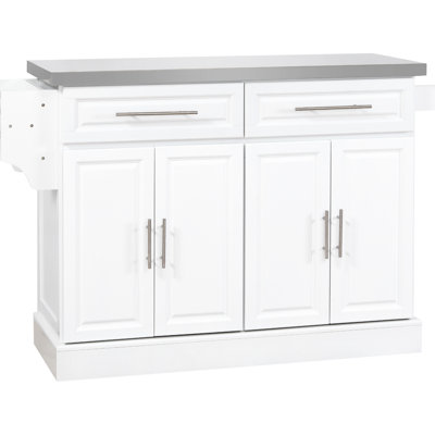 Kitchen Island On Wheels With Stainless Steel Surface And Systematic Storage Options, 2 Drawers, Spice Rack, Towel Holder, White, Options Rolling Table By , Surface, Cabinets, Stand