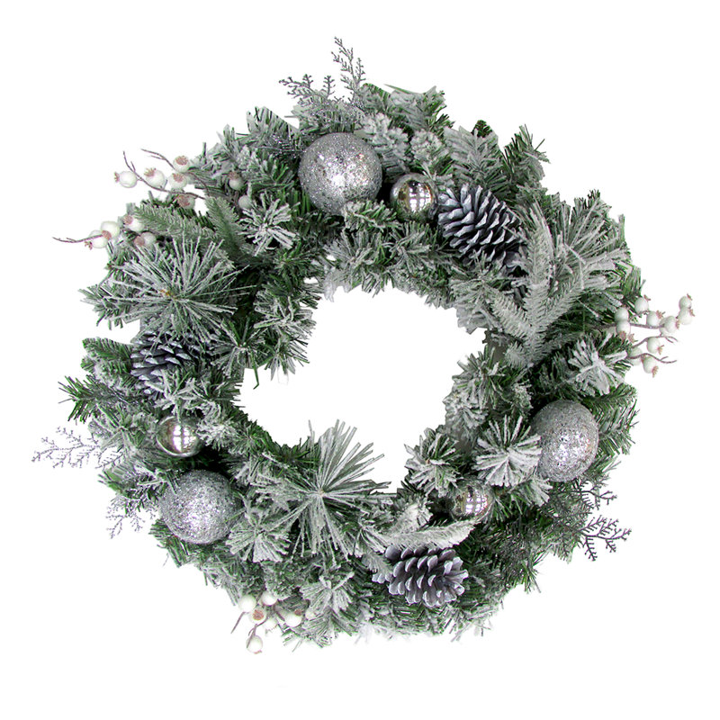 24-Inch Artificial Christmas Wreath with Pinecones and Snow Flocking
