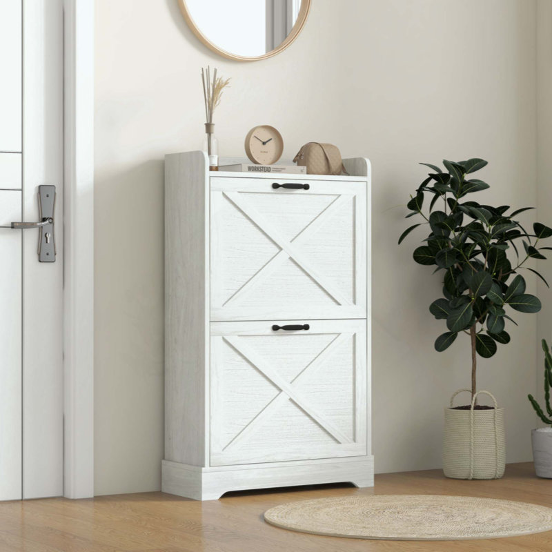 Slim Shoe Cabinet For Entryway, Farmhouse Hidden Shoe Storage Cabinet With 2 Flip Drawers And Adjustable Shelves For 8 Pairs Of Shoes,wood