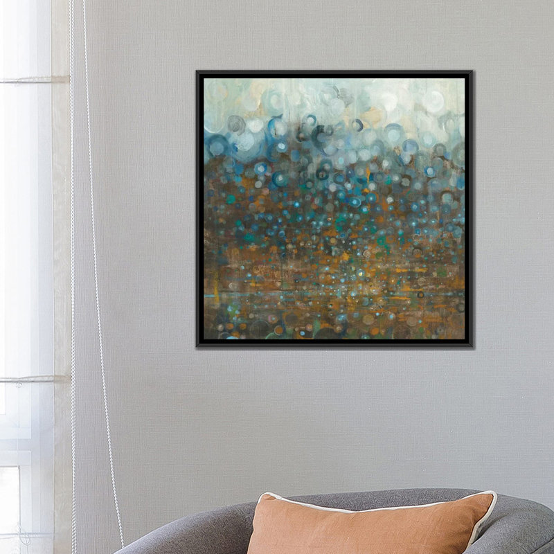 «Blue and Bronze Dots», reproduction d'art sur toile, H 18 po x l 18 po x P 1,5 po, Toile avec cadre noir, Pas de tapis