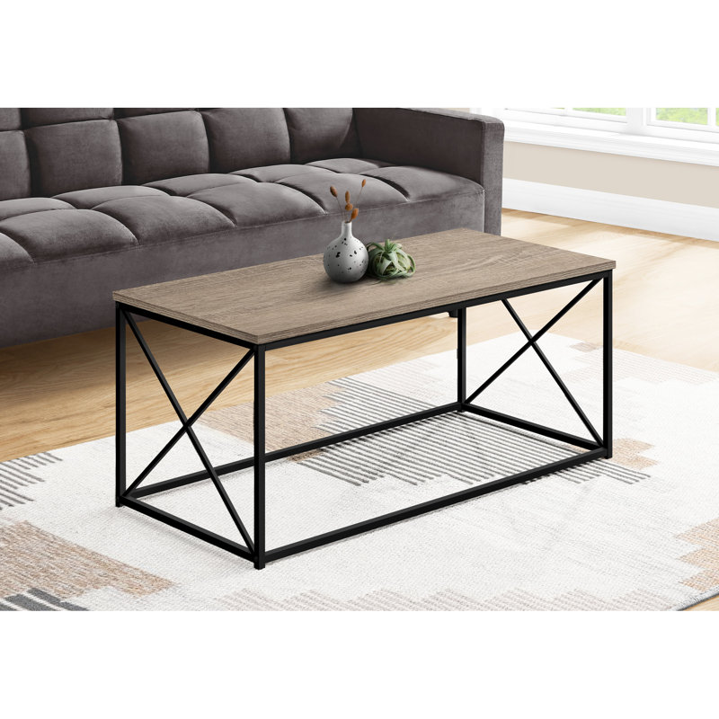Table basse élégante avec plateau rectangulaire en stratifié taupe et piètement en métal noir, structure de plateau contemporaine pour salon.