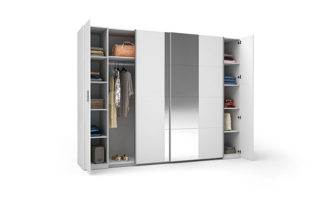 4-door wardrobe, white, with clothes rails, shelves and mirror, 207.6cm H x 269.6cm W x 53.5cm D