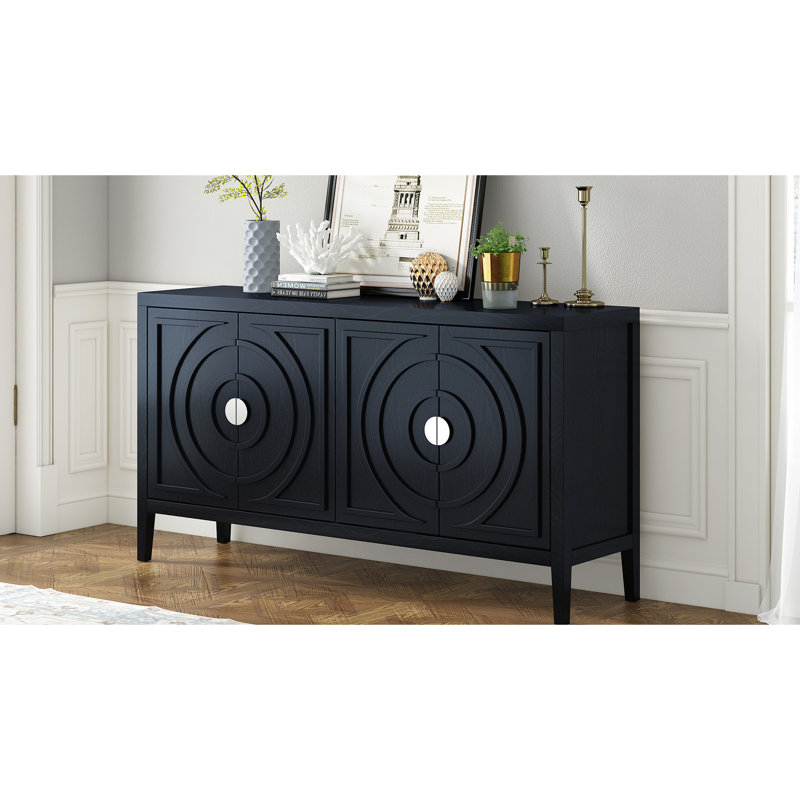 4-Door Retro Black Sideboard - Meets Your Storage Demands In Style With Distressed Appearance Creates A Vintage Look, Black
