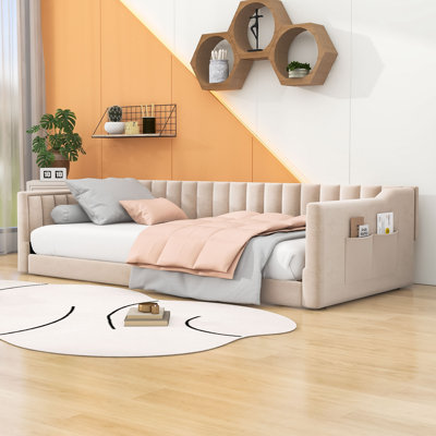 Wood Daybed with Slats and Storage Pocket