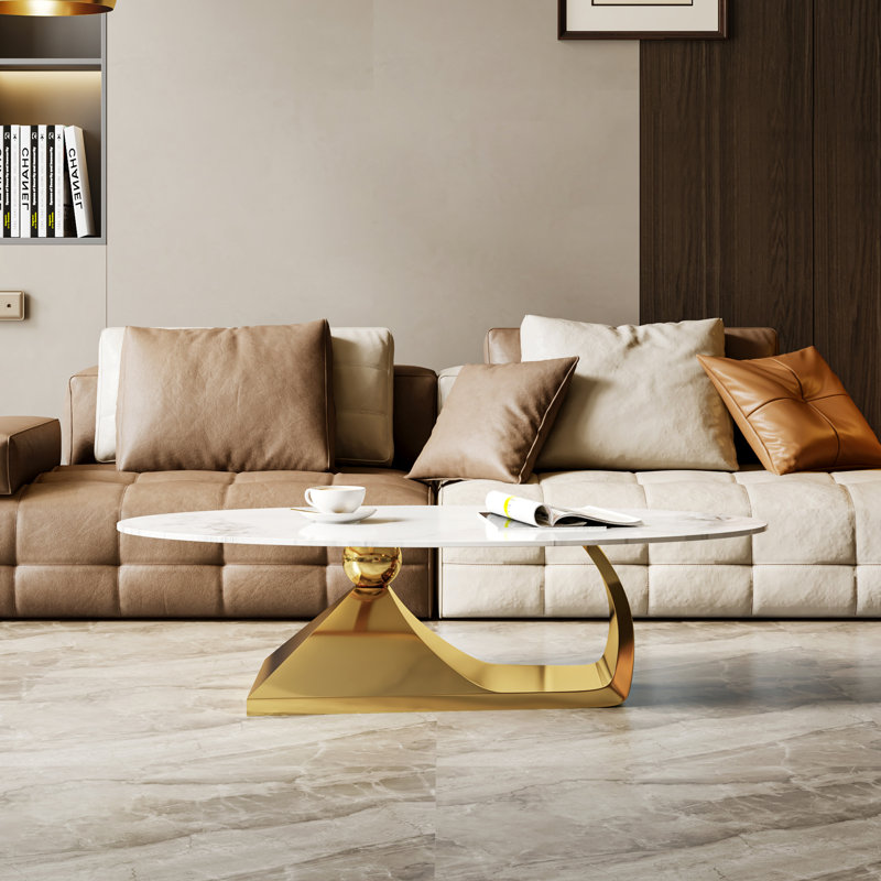 Modern Oval Coffee Table for Living Room with Sculptural Gold Stainless Steel Base (51.2'' x 27.6'' x 16.5'' LWH)
