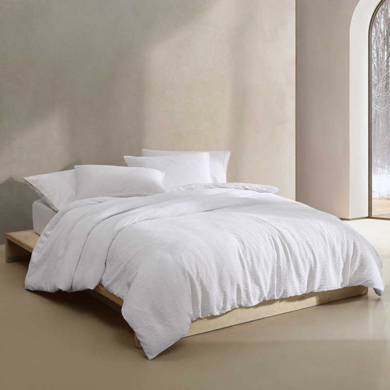 Ensemble d'édredon réversible Calvin Klein Seersucker, Blanc, Édredon pour grand lit + 2 taies décoratives
