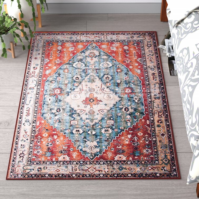 Red Navy Persian Style Traditional Rug Non Slip Machine Washable