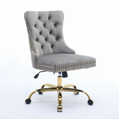 Furniture Office Chair,Modern Velvet Upholstered Tufted Button Home Office Chair with Golden Metal Base,Adjustable Desk Chair Swivel Office Chair (Gray)