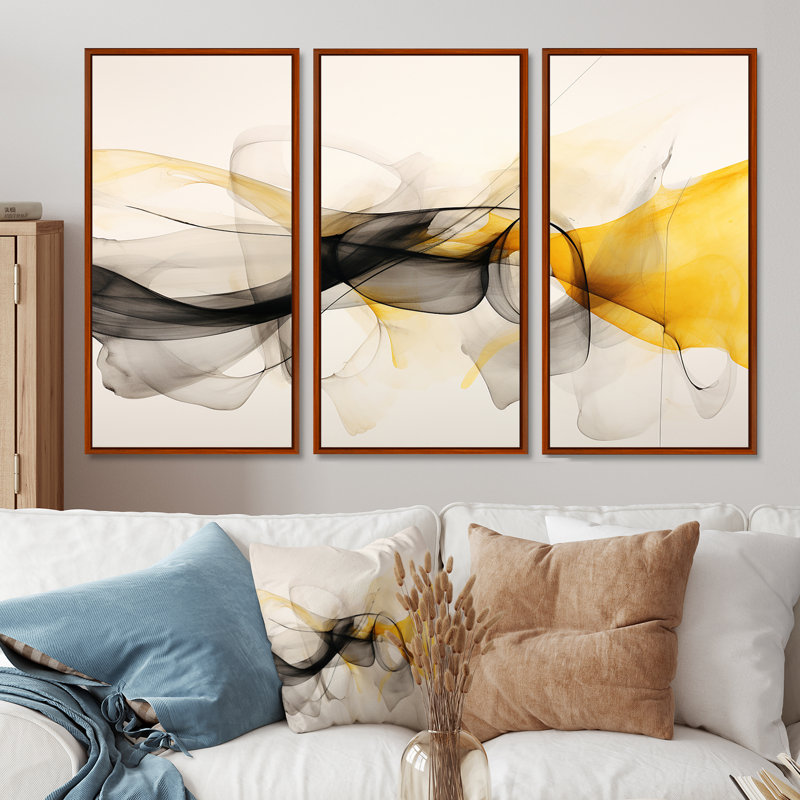 Mariage de noir et jaune - ensemble d'art mural abstrait à encre liquide, Cadre flottant brun, H 40 po x l 60 po x P 1 po