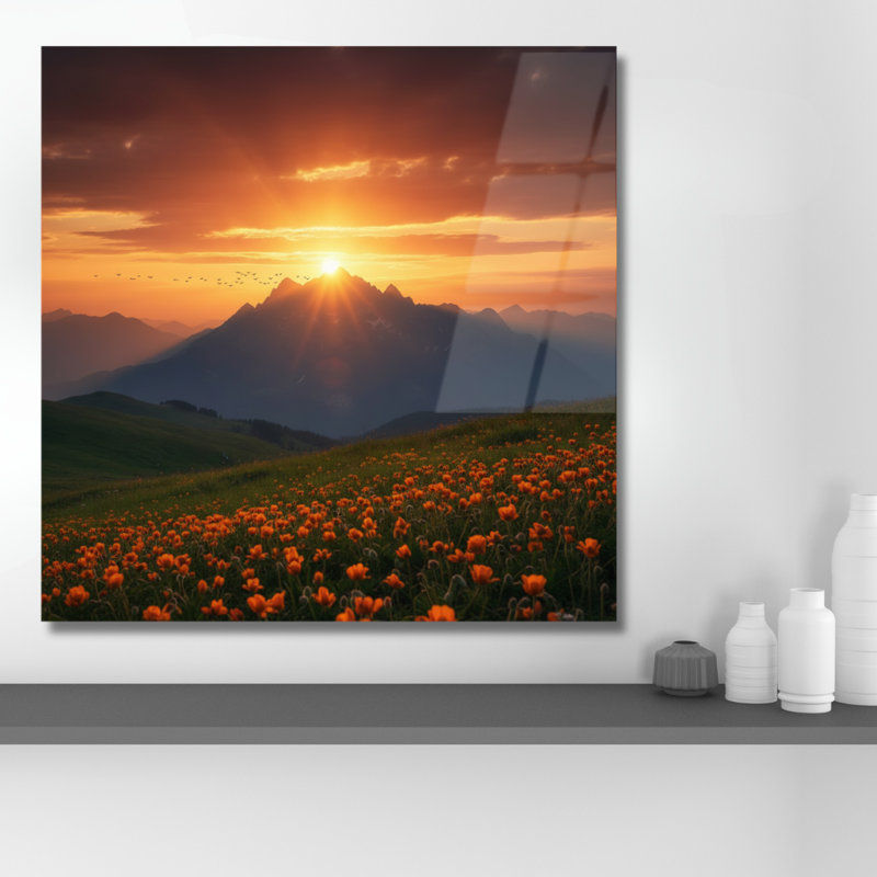Tableau mural en verre trempé au coucher du soleil sur la montagne, H 24 po x l 24 po