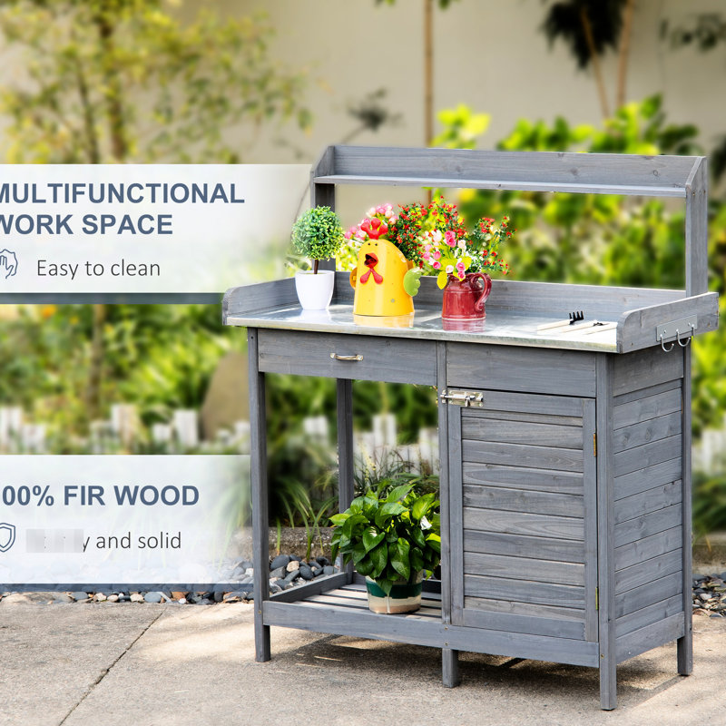 Table de jardinage, poste de travail extérieur avec espace de rangement supplémentaire, surface grise
