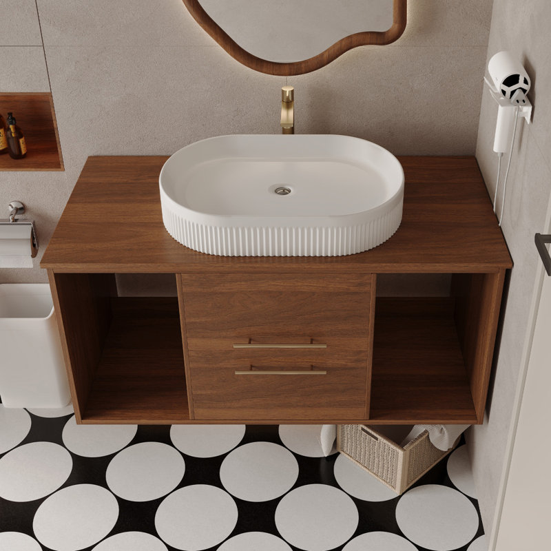 Meuble-lavabo mural moderne 39,4 po avec lavabo en céramique ovale et meuble flottant