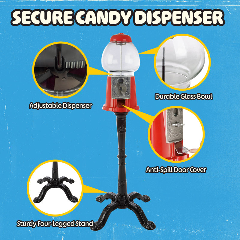 15'' Bubble Gum Machine with Stand - Vintage Style Gum Ball Machine - Style Candy Dispenser Vending Machine with Glass Globe and Metal Base, Red
