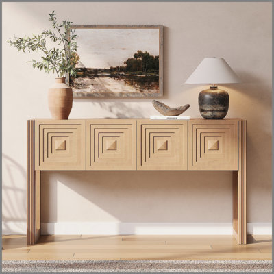 Console géométrique sculptée avec 3 tiroirs à fermeture en douceur, pieds cannelés, canapé d'entrée pour salon, brun clair