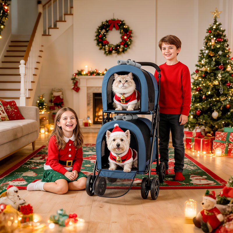 Foldable Pet Stroller with Double Detachable Carriers, Folding Dog Cat Jogger Stroller with Tether, Blue/Gray
