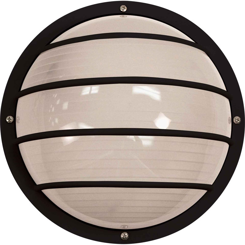 1-Light Indoor or Outdoor Black Polycarbonate Mini Nautical-Inspired Industrial-Inspired Convertible Caged Flush Mount Ceiling Fixture, Wall Mount, or Wall Sconce with White Polycarbonate Half Semi Sphere Lens