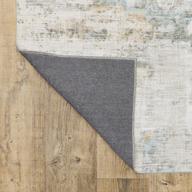 Tapis de couloir abstrait gris et ivoire 2 pi x 8 pi tissé à la machine