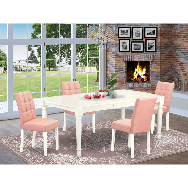 L'ensemble de table de salle à manger 5 pièces comprend une table de cuisine et 4 chaises de salle à manger en tissu de polyester rouge beige avec dossier élégant - finition lin blanc