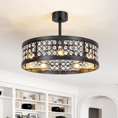 Ventilateur de plafond de 28 po à cage en cristal avec éclairage et télécommande, moteur CC réversible à 7 pales et 6 vitesses, douille E26 à 5 lumières avec minuterie