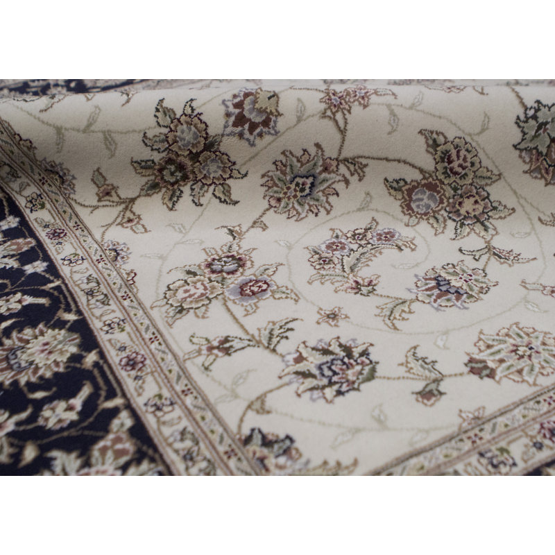 Tapis ivoire et bleu marine noué à la main de haute qualité