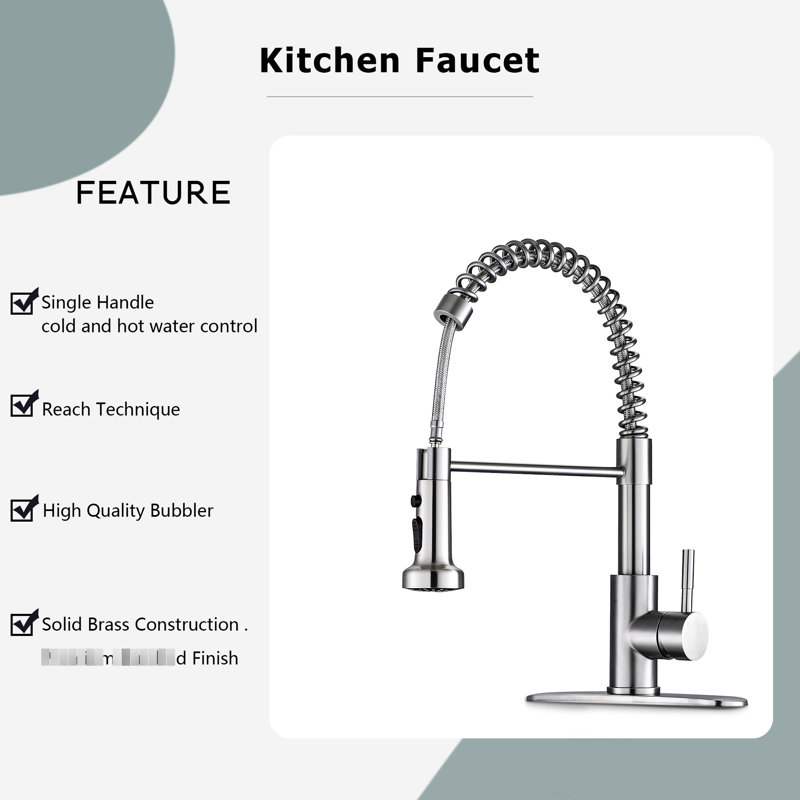 Robinet de cuisine Abuzer en nickel brossé, fabriqué en acier inoxydable. Plusieurs options de nettoyage de la tête de pulvérisation rétractable. 360 bec pivotant pour une portée optimale. Composants d'installation de bricolage inclus. Tarnish And