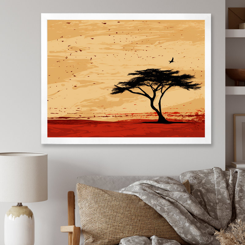 Arbre africain harmonieux 1 - Art mural africain, Cadre flottant blanc, H 24 po x l 32 po x P 1 po