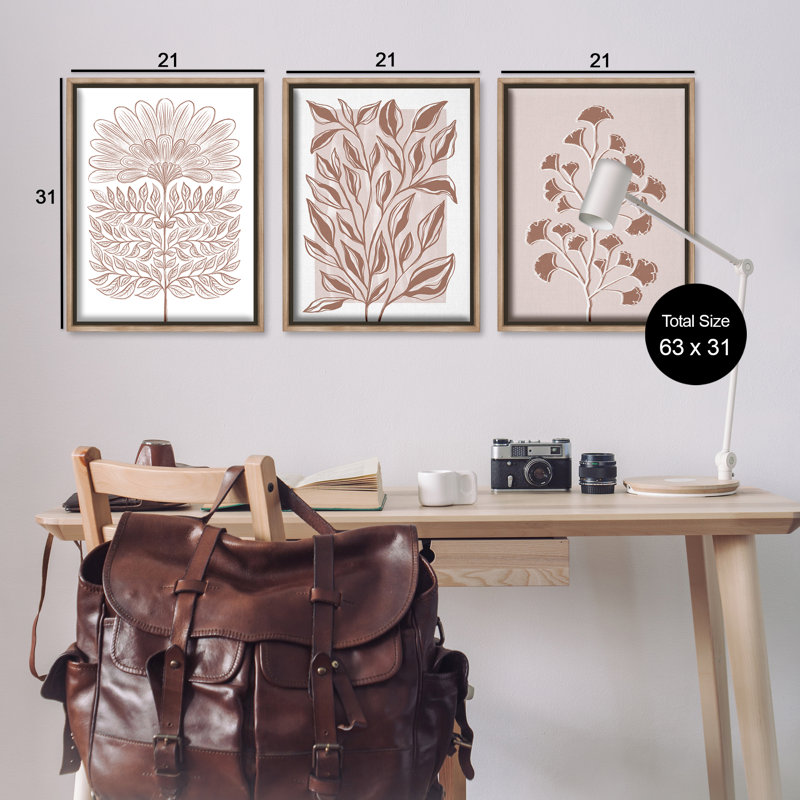 «Minimalist Flower Outline», ensemble de 3 toiles flottantes encadrées, design par Martina Pavlova, H 31 po x l 21 po