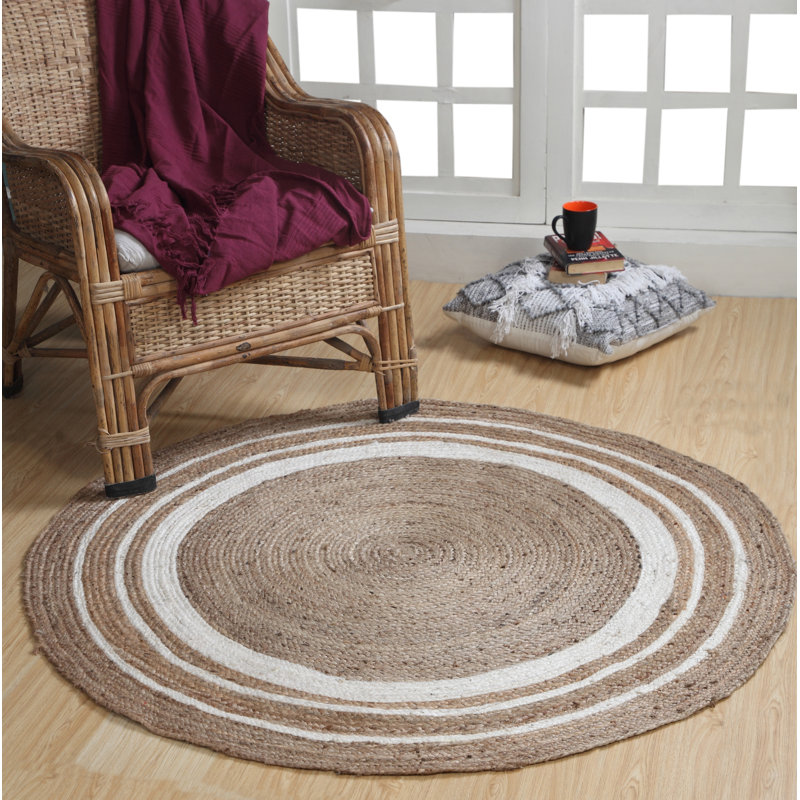 Foster Striped Jute / Sisal Hand Woven Area Rug, Round 90cm
