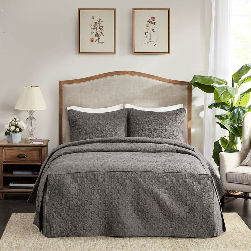 Ensemble de couvre-lit 3 pièces très grand gris foncé - plis d'angle plissés, microfibre, rembourrage, literie chaude pour les nuits froides plissées, choix de chambre 100% exquis