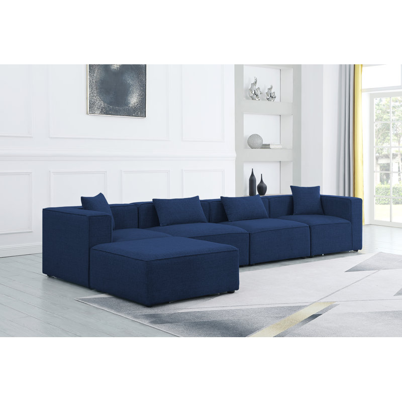 Cube Upholstered L-Shaped Sectional Reversible, Navy Linen Textured Fabric