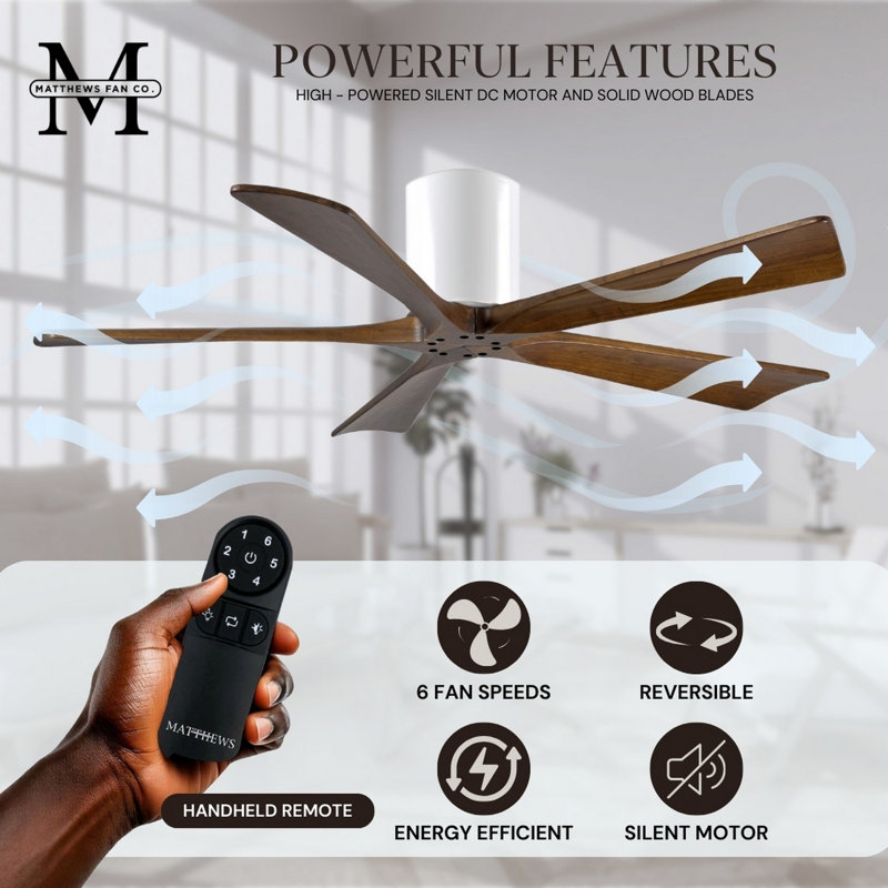 60" Irene 5-Blade Hugger Ceiling Fan with Wall Remote, Gloss White, 60", Walnut Tone
