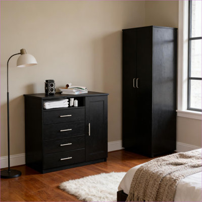 Ensemble de mobilier de chambre à coucher, armoire moderne 2 pièces Commode 4 tiroirs, rangement pour toute chambre à coucher, finition noire | Noir | Panneau de particules