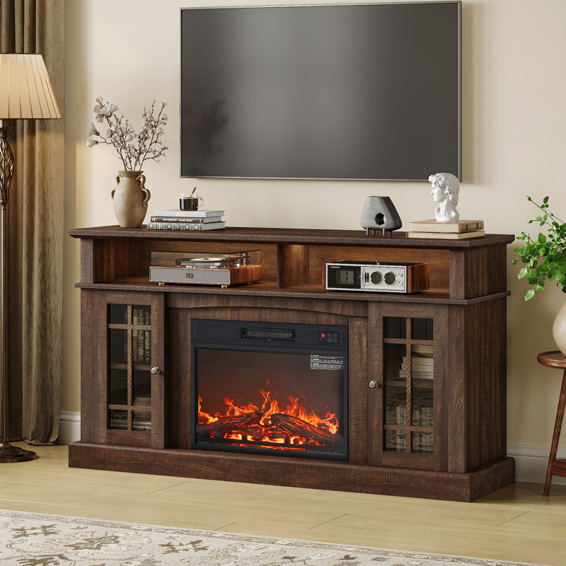 Rustic Electric Fireplace TV Stand With Glass-Door Cabinets, Adjustable Shelves & 22-Level Temperature Control, Brown