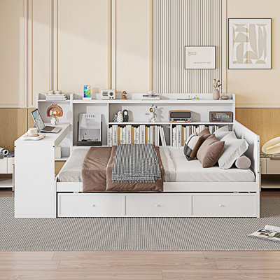 Lit de jour double avec 3 tiroirs, ports USB et bureau, lit de jour
